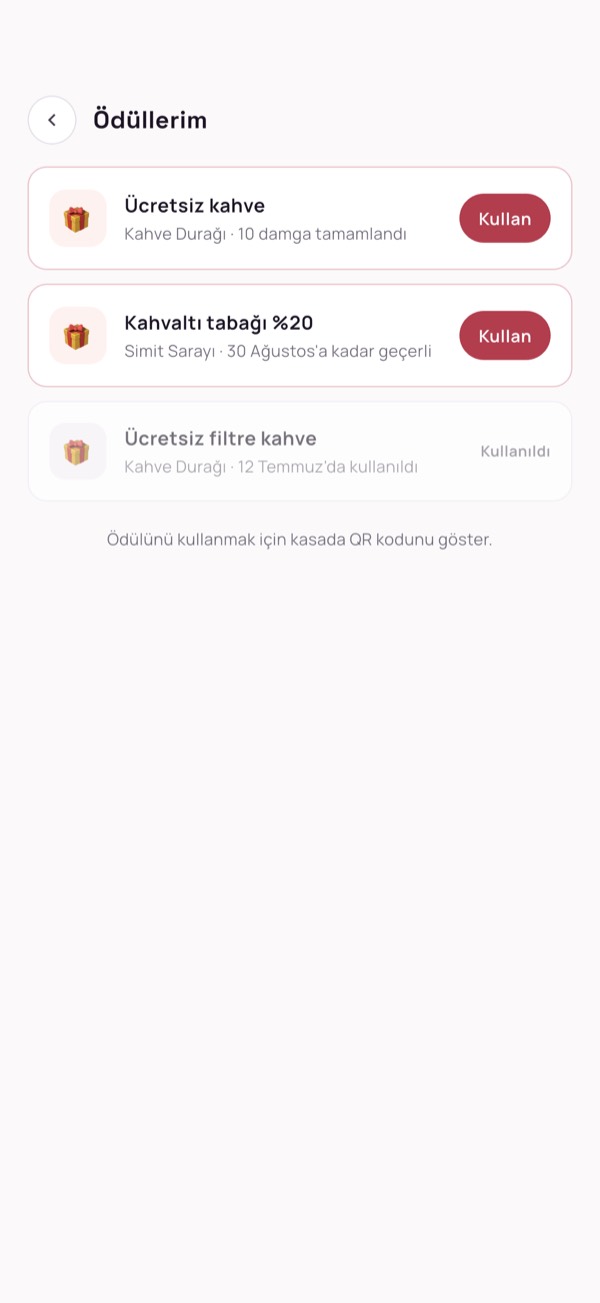 Customer app: list of earned rewards with buttons to use them