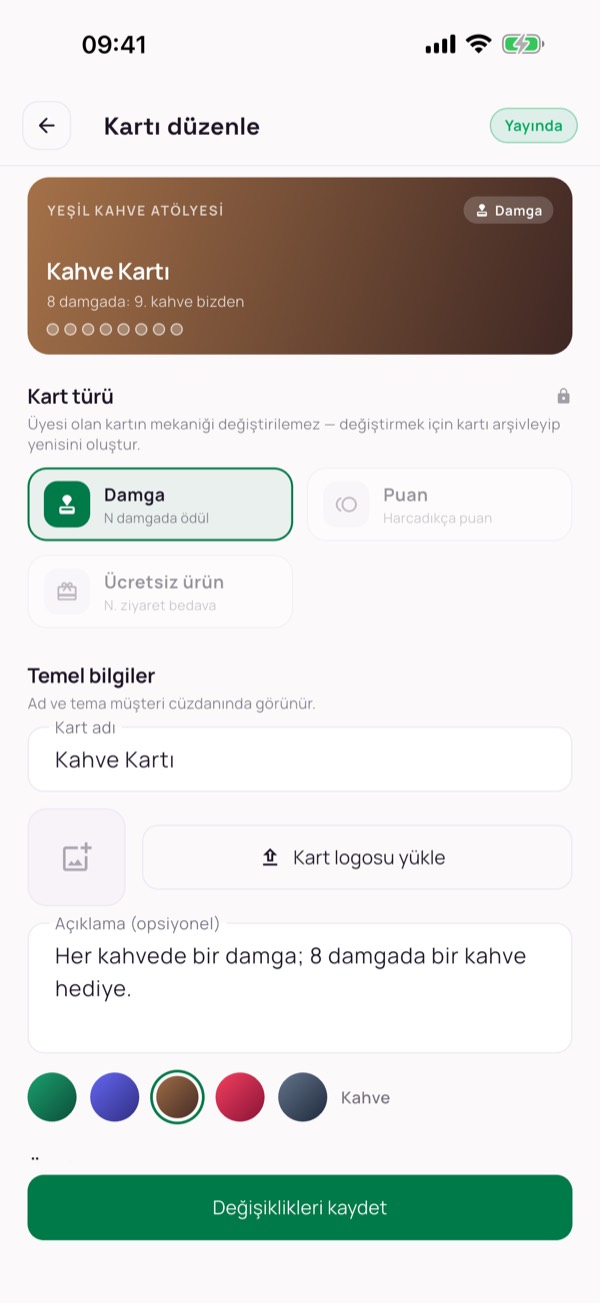 Business app: editing a stamp card's name, type, logo and colour